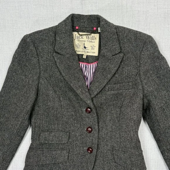 Jack Wills Tailored Blazer Herringbone Gray Wool Three Button Front Size 6 - Picture 3 of 12